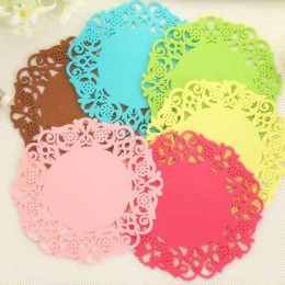 (10入)簡約圓形矽膠杯墊 花樣鏤空隔熱墊 防滑墊餐